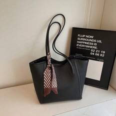 Fashion Solid Color Scarf Decor PU Tote Bag, Large Capacity Commuter Vintage Minimalist Shoulder Bag Versatile Handbag Suitable For Women - Black