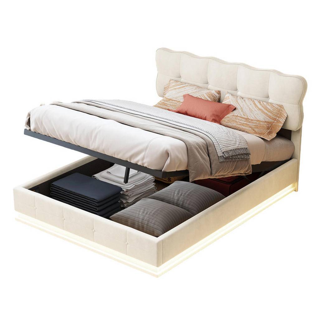 KLÄDD säng 140x190 cm beige sammet LED gaslyftsäng - Beige
