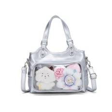 Japanese Harajuku Style Ltabag Large Capacity Cute Bowling Bag Badge Element Female Student Multi-Functional Handbag Cross-Body Bag Backpack - Silver - Only the Bag Has No Accessories Badge