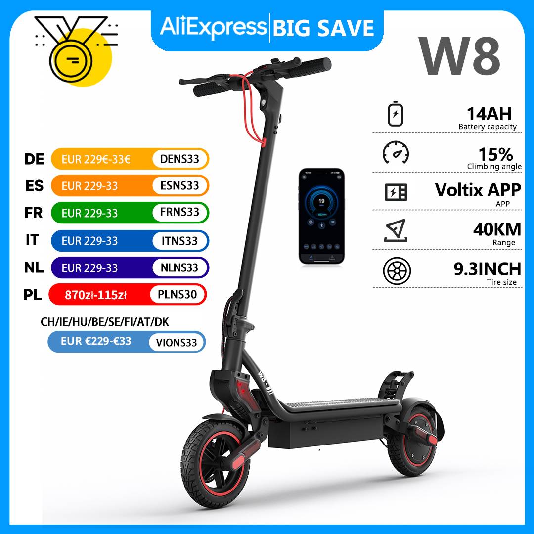 W8 Electric Scooter 9.3" Tire 750W 48V 14Ah 40km Range Dual Suspension App Control 40km/h  Side Ambient Light Electric Scooters