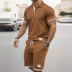 Herr 2-i-1 pikétröja och shorts, fritidskostym - Brun - L,M,S,XL,XXL