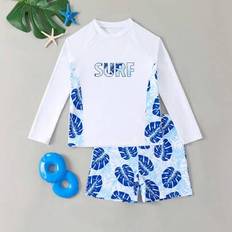 Tween Boy Resort Tropical Plant & Letter Print Raglan Sleeve Top and Shorts Baddräkt Set, Random Print - Multifärgad (8Y,9Y,10Y,11-12Y,13-14Y)