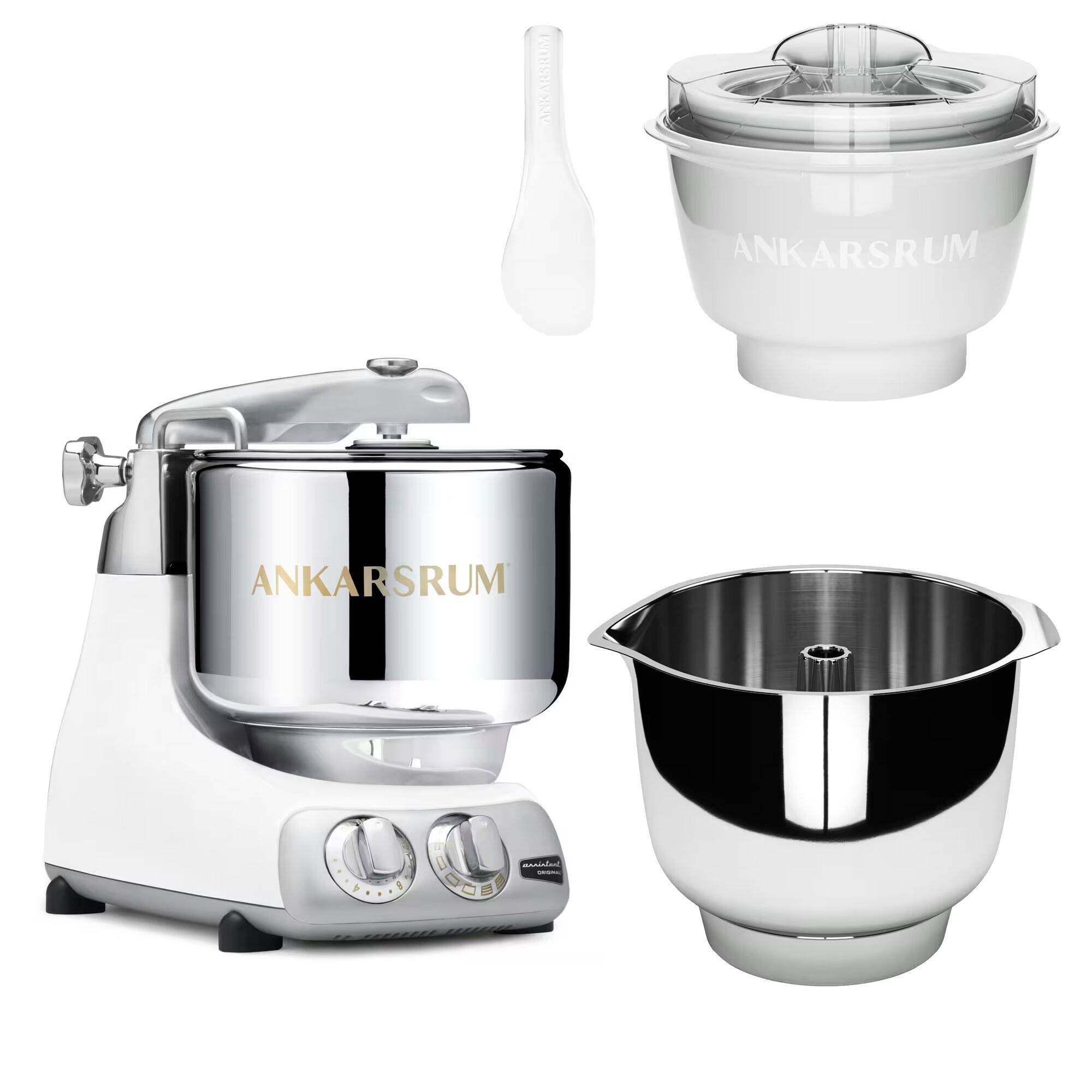 Ankarsrum Assistent Original AKM 6230 køkkenmaskine med istilbehør og ekstra piskeskål, glossy white