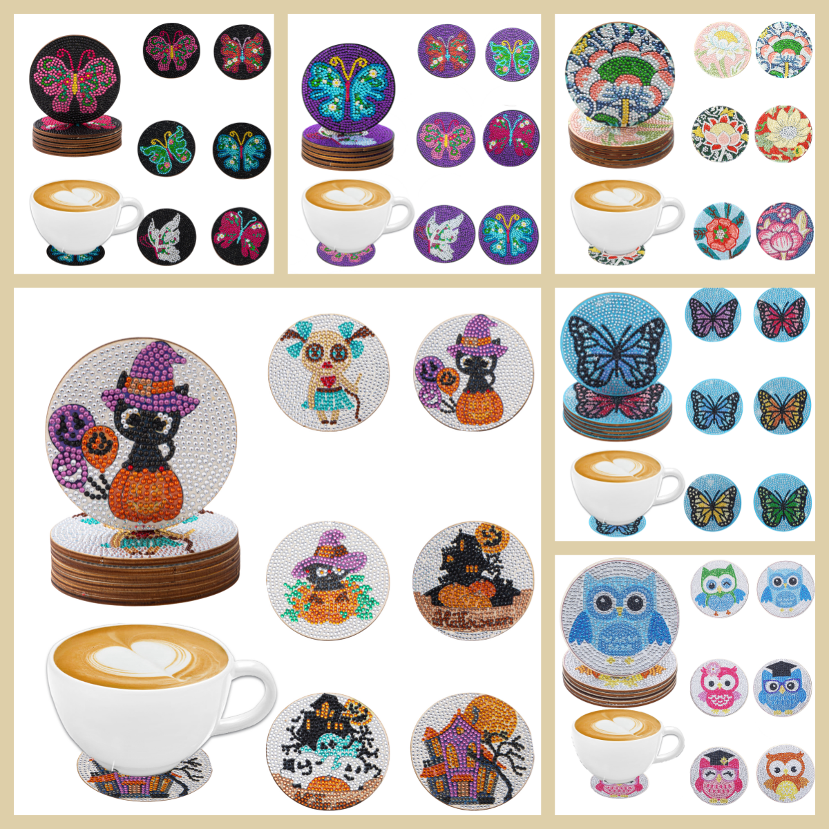 6 DIY animal-themed diamond-painted coasters set, anti-slip wooden coasters without shelves, living room, kitchen