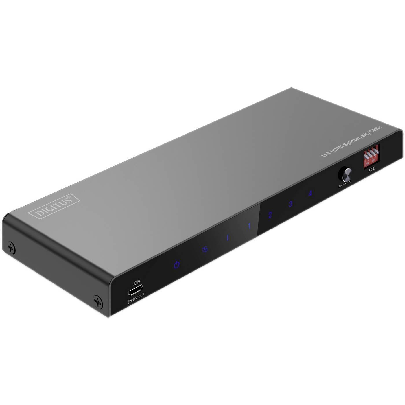 Digitus DS-55340 4 Port HDMI-Splitter individuellt omkopplingsbara, LED-display, med status-LED, Ultra HD-kapabel, För internt bruk, Metallhölje 7680 x 4320