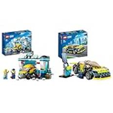 LEGO City Biltvätt Byggsats med Leksaksbil och Minifigurer, Innehåller Roterande Detaljer, från 6 år 60362 & LEGO City Great Vehicles Elektrisk sportbil Byggsats med Leksaksbil, från 5 år 60383