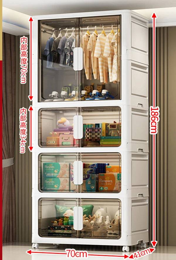 Double Door Open Clothes Storage Organizer with Wheels Foldable Wardrobe Cabinet Baby Cupboard Organizing Box Containers Bin - 70x41x186cm-grey