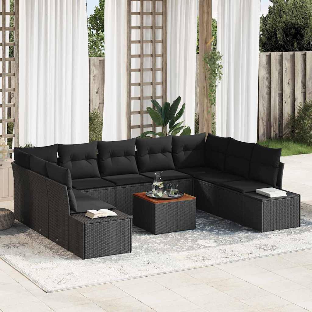 vidaXL Havesofa Sæt med pude 10 pcs Sort polyrattan