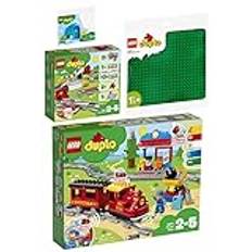 Lego Duplo Set med 4 10874 ångtåg, 10882 järnvägsskenor, 10980 byggplatta i grönt och 30648 val