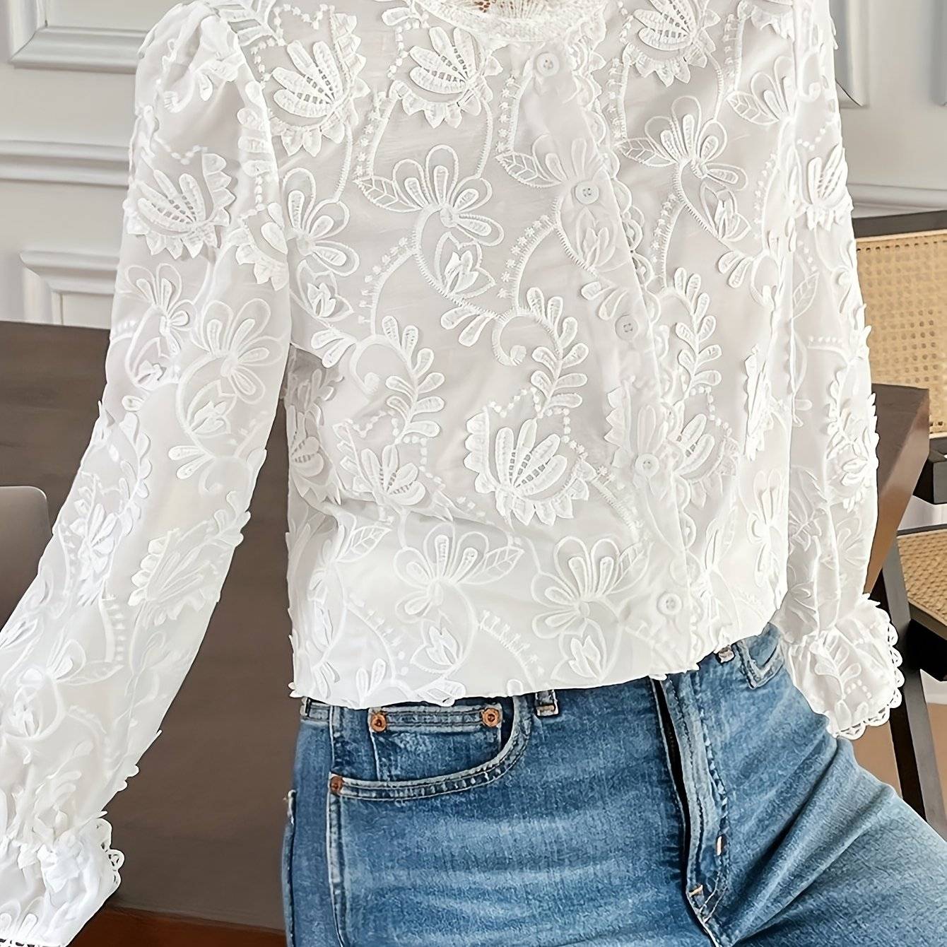 TEMU Women's Elegant Semi-sheer Embroidery Blouse With Lace Trim - Stand Collar Button-front Shirt, Machine Washable Long Sleeve Top For Wedding Guest, Church, Special Occasions - - Wear (non-stretch)