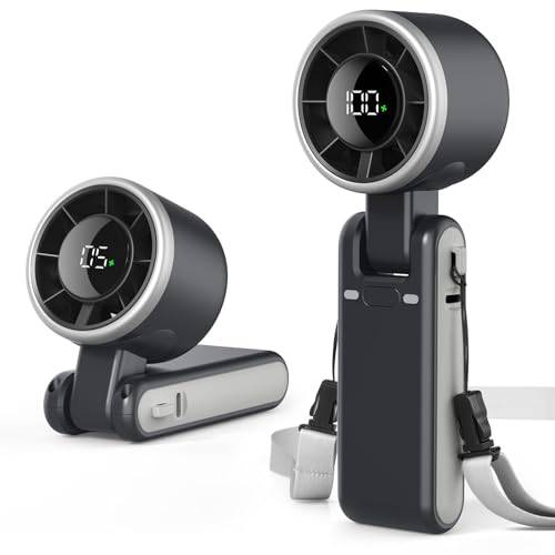 EasyAcc Kraftfull handfläkt, bärbar Turbo fläkt 10 m/s, uppladdningsbar minifläkt 4 000 mAh upp till 13 timmar, 5 hastigheter, LED-skärm, hopfällbar, för resor, kontor, strand, svart