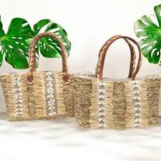 Handmade Women Tote Beach Bag. Beach Bag With Shell & Lace Decor, Tote Bag With Lace Trim Handle. Casual And Fashionable Style. Lightweight And Easy T - Natural