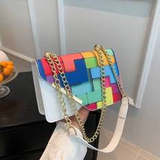 Mini Fashion Plaid Contrast Stitching Diagonal Backpack, Metal Chain Shoulder Strap Shoulder Bag Square Bag Suitable For Shopping. - White