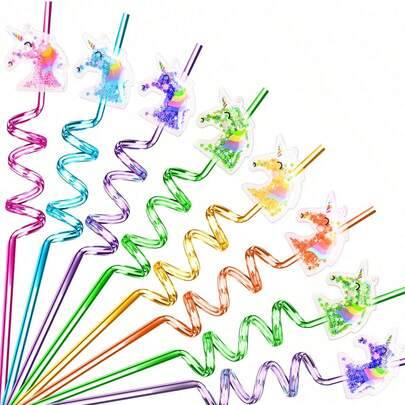 6/8 st glittriga enhörningssugrör, återanvändbara spiralformade plastsugrör för mjölk, hemmfestsugrör, temafestsugrör, högtid, enhörningstema festdeko - Multifärgad