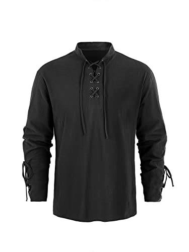 Runcati Mittelalter Herren Hemd Steampunk Piraten Kostüm Viking Schnürhemd Viktorian Renaissance Stehkragen Cosplay Tops, Schwarz, M