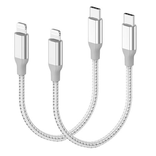 USB-C-Lightning-kabel på 30 cm, 2 st., MFi-certifierad kort iPhone-laddningskabel, nylonflätad snabbladdningskabel för iPhone 14/13/12/11/Mini/Pro/Max/X/XS/XR/8/7/6/Plus/SE/iPad – silver