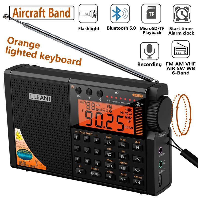 RD239 Flygradio AIR/VHF/AM/FM/SW/Väderband Transistor med Bluetooth/TF-kort/Ficklampa, MP3-spelare, Digital inspelning, svart
