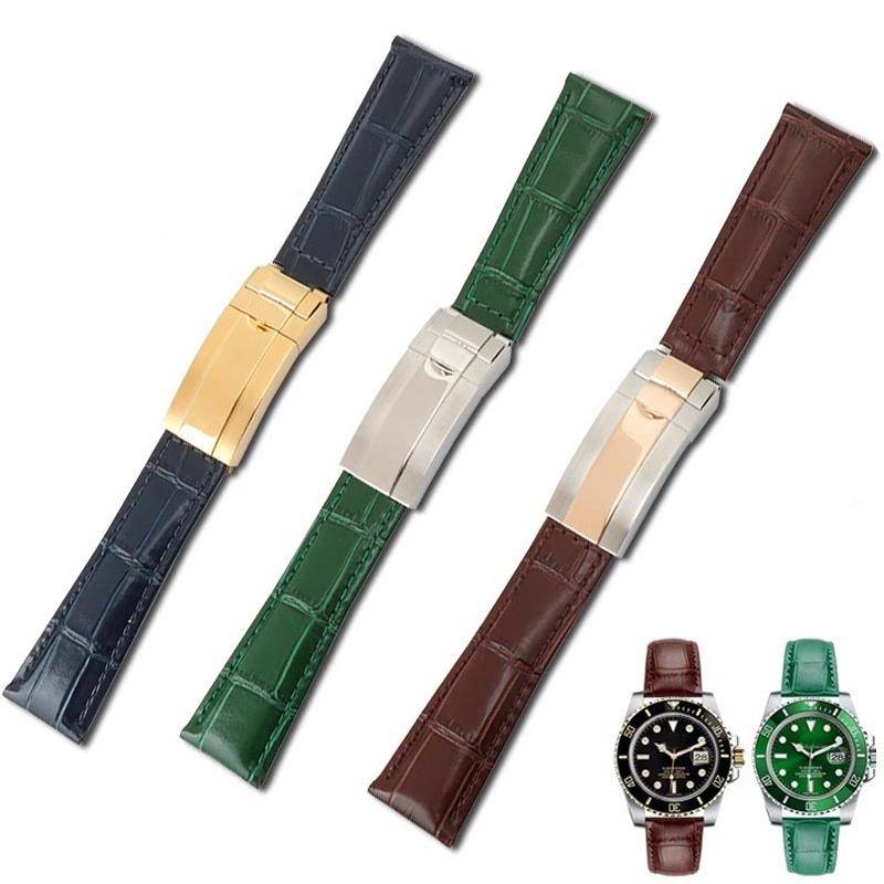 Äkta läderaccessoar för Rolex Daytona Datejust Black Green Submariner Långvarig komfort Vikbar spänne Klockarmband 20 mm