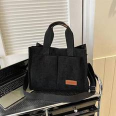 Fashion Simple Solid Color Corduroy Shoulder Bag, Casual Large Capacity Multi-Pocket Bucket Bag, Fashionable Laptop Tote Messenger Bag, Suitable For O - Black - one-size