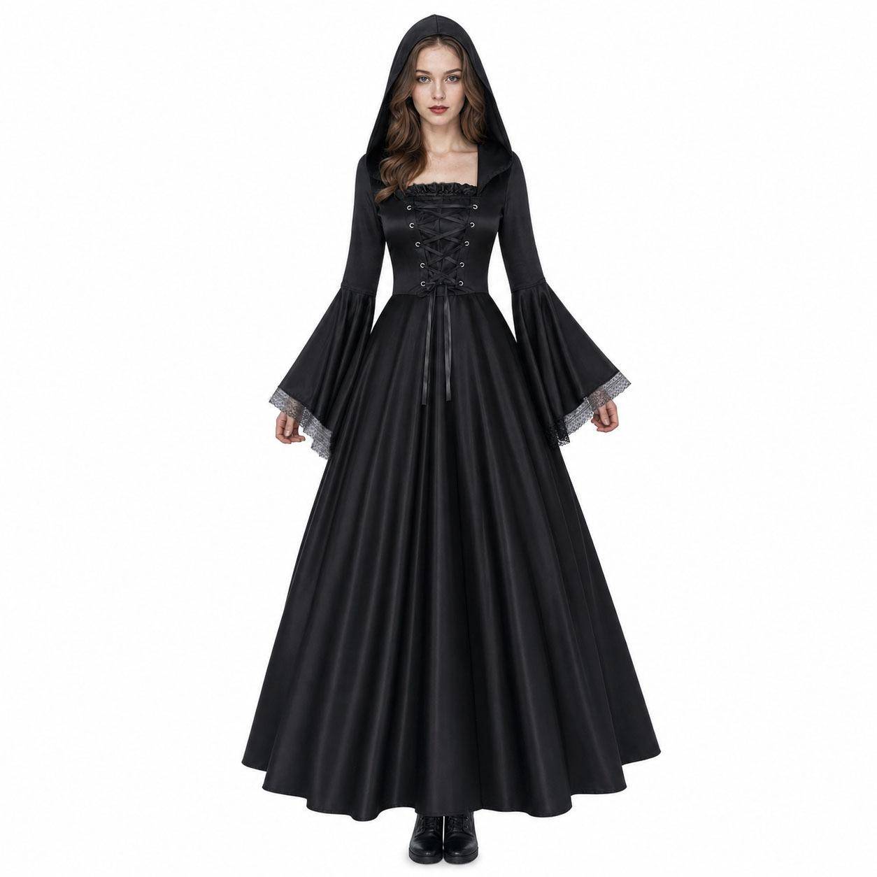 Medieval Gothic Flare Sleeve Hooded Waist Witch Long Dress, Halloween Stage Costume cm