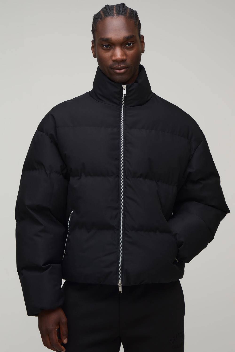 Tall MAN Boxy Fit Midweight Padded Funnel Neck Puffer Jacket | Black | Size Large