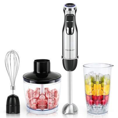 Denna 4-i-1-stavmixer har en kraftfull 1000 W motor, två hastighetsinställningar med turboläge, blad i rostfritt stål, visp, hackkopp och mätkopp. Den