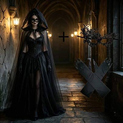 Halloween cosplay spökslörja för brud, häx-meshsjal, huva till Grim Reaper-kostym, vampyrkappa - Svartvitt set