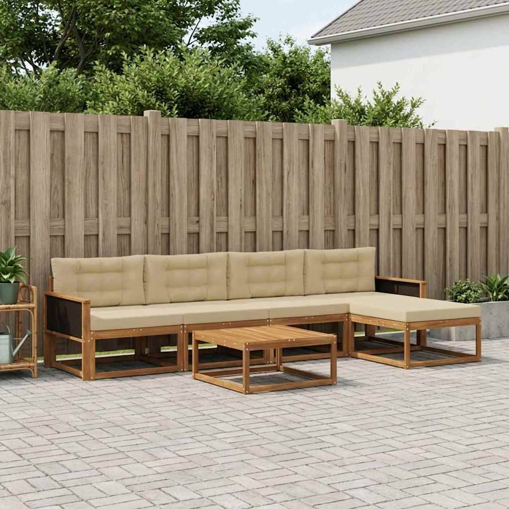 Udendørs Sofagruppe 6 Dele Massivt Akacietræ - Naturlig og beige / Sort rattan