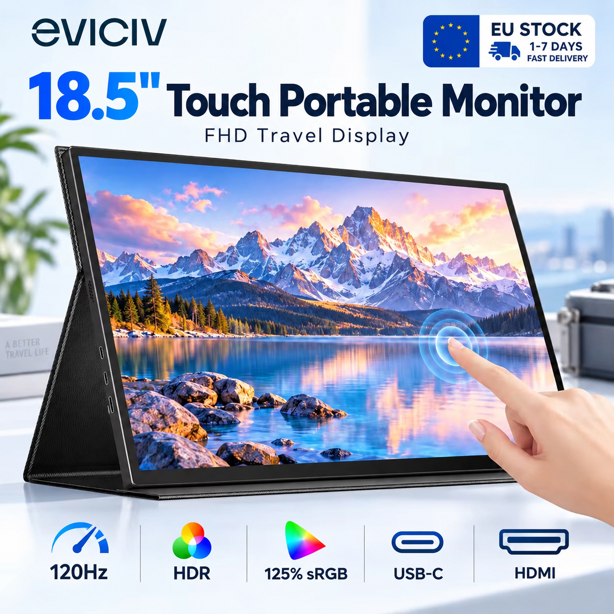 EVICIV 18.5 Inch Portable Touch Monitor FHD 1080P 120Hz HDR IPS 125% SRGB USB-C HDMI Travel Display Second Screen for Laptop Mac PC