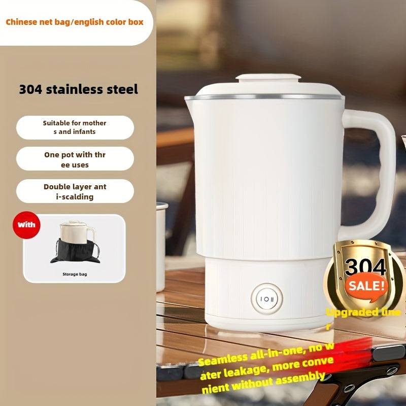 All-steel Folding Kettle Travel Business Trip Portable Kettle Stainless Steel Electric Water Cup Mini Home - white【304 stainless steel liner】