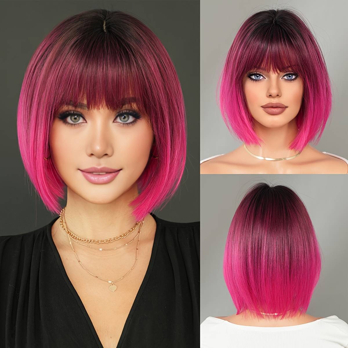 TEMU Costume Wigs Short Straight Ombre Rose Red Wigs With Dark High Density Heat Resistant Pink Bob Wigs For Women Daily Party Use Halloween Dress Up Wigs Synthetic Wig Beginner Friendly 12 Inches