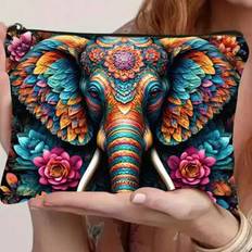 1pc Cosmetic Bag, Spring/Summer Floral Elephant Bohemian Pattern, Lightweight Portable Foldable Travel Accessory, Zippered Closure, Unisex Perfect Gif - Multicolor