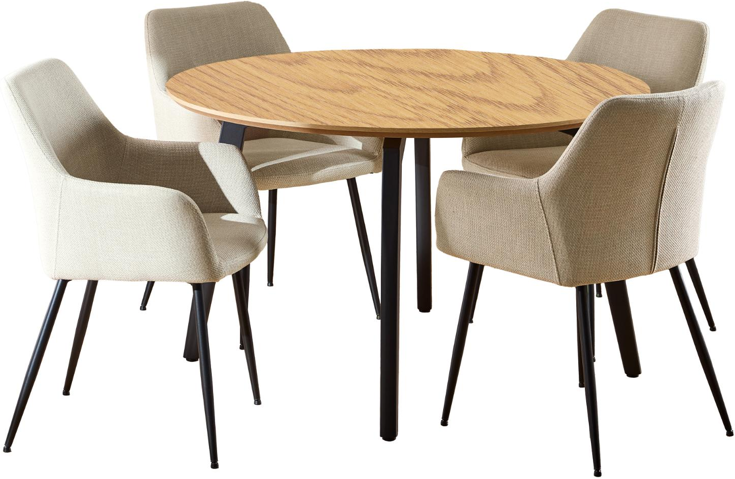 Spisebordssæt Signature Cavo rundt Ø120 med 4 polstrede stole i Basel-stof beige, eg-look bordplade og mat sort stel.