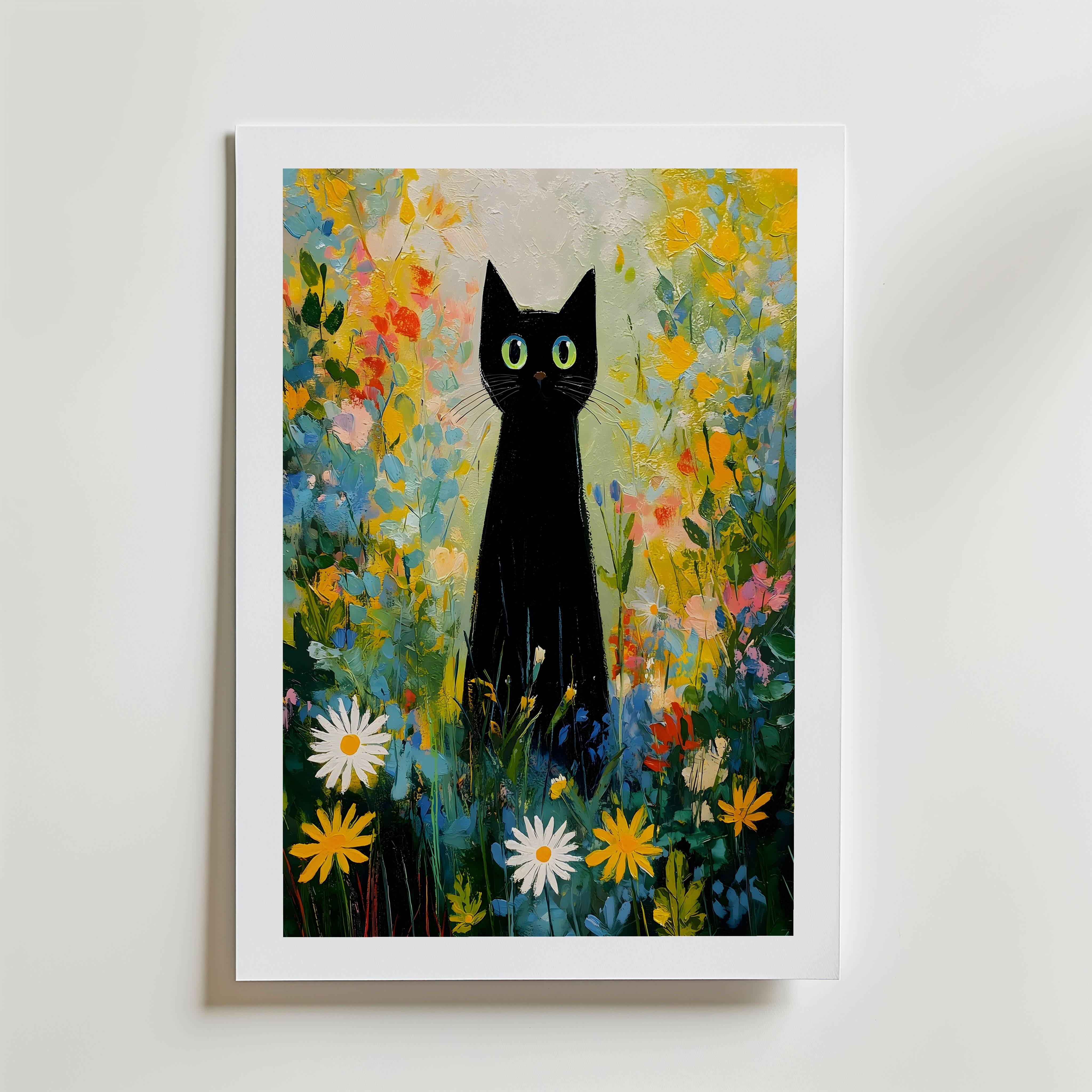 Midnight Garden Cat Poster - Premium Canvas 50x70 cm Med passepartout