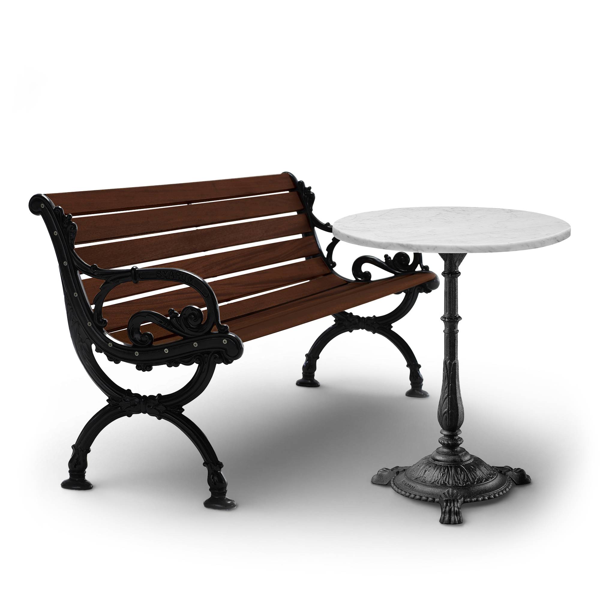 Byarums Bruk - Byarum sofa i brunlaseret fyr & Classic cafébord Ø65 cm – Carrara-marmor og sortlakeret aluminium - Udendørs loungegrupper - Metal/Træ