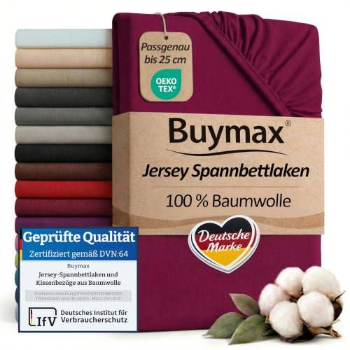 Buymax Spannbettlaken 140x200cm Baumwolle 100% Spannbetttuch Bettlaken Jersey, Matratzenhöhe bis 25 cm, Farbe Bordeaux