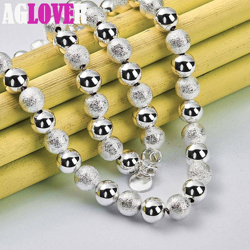 925 Sterling Silver 8mm Bead Ball Chain Matt Smooth Halsband Smycken beige