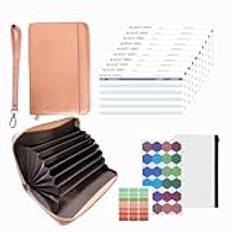 Budget plånbok, Budget Planner, Cash Stuffing Savings Challenge, Första lagret läder kontantkuvertplånbok, Allt-i-ett budgetsystem med 12 budgetark, kategori etikett och handled19cm * 13cm (Rosa)