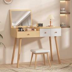 Sminkbord, sminkbord med spegel, sminkbord i trä med lådor, delat förvaringsutrymme, stor förvaringskapacitet - Mått: B100/H78/D40 cm (utan pall) - Naturvit
