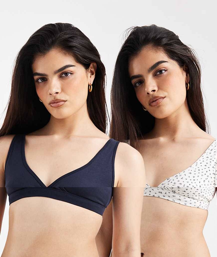 Lindex Maternity – Vit och marinblå, pointellestickad amningsbehå med omlottdesign, 2-pack-Flera