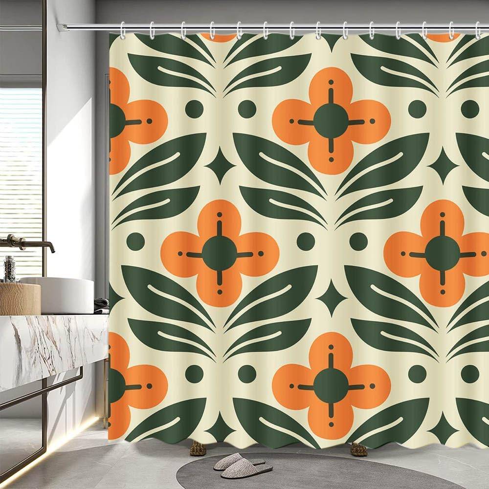 Orange Blommig Duschdraperi, Vintage Mitten av Seklet Abstrakt Geometriskt, Boho Retro Badrumsinredning, Vattentätt Tyg
