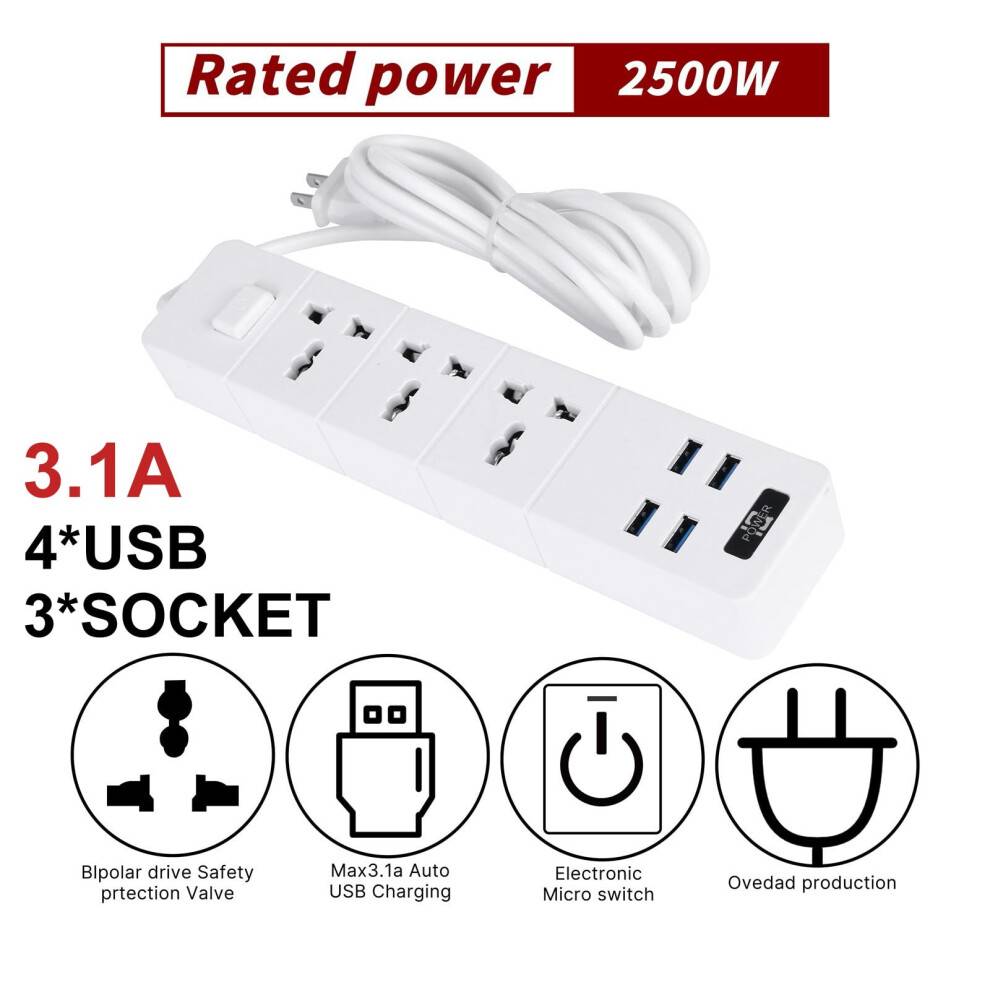 XIAOLE Stikdåse med overspændingsbeskytter, 3 stikkontakter og 4 USB-stik, 2500W med forlængerledning, multibeskyttelse, hvid