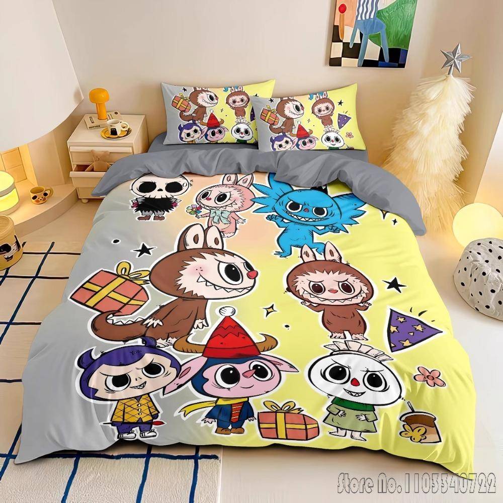 Söta Tänder Ny Anime La-BuBu Rosa Påslakanset HD Täcke Örngott för Barn Sängkläder Sängkläder Sovrumsinredning EU Double 200x200cm