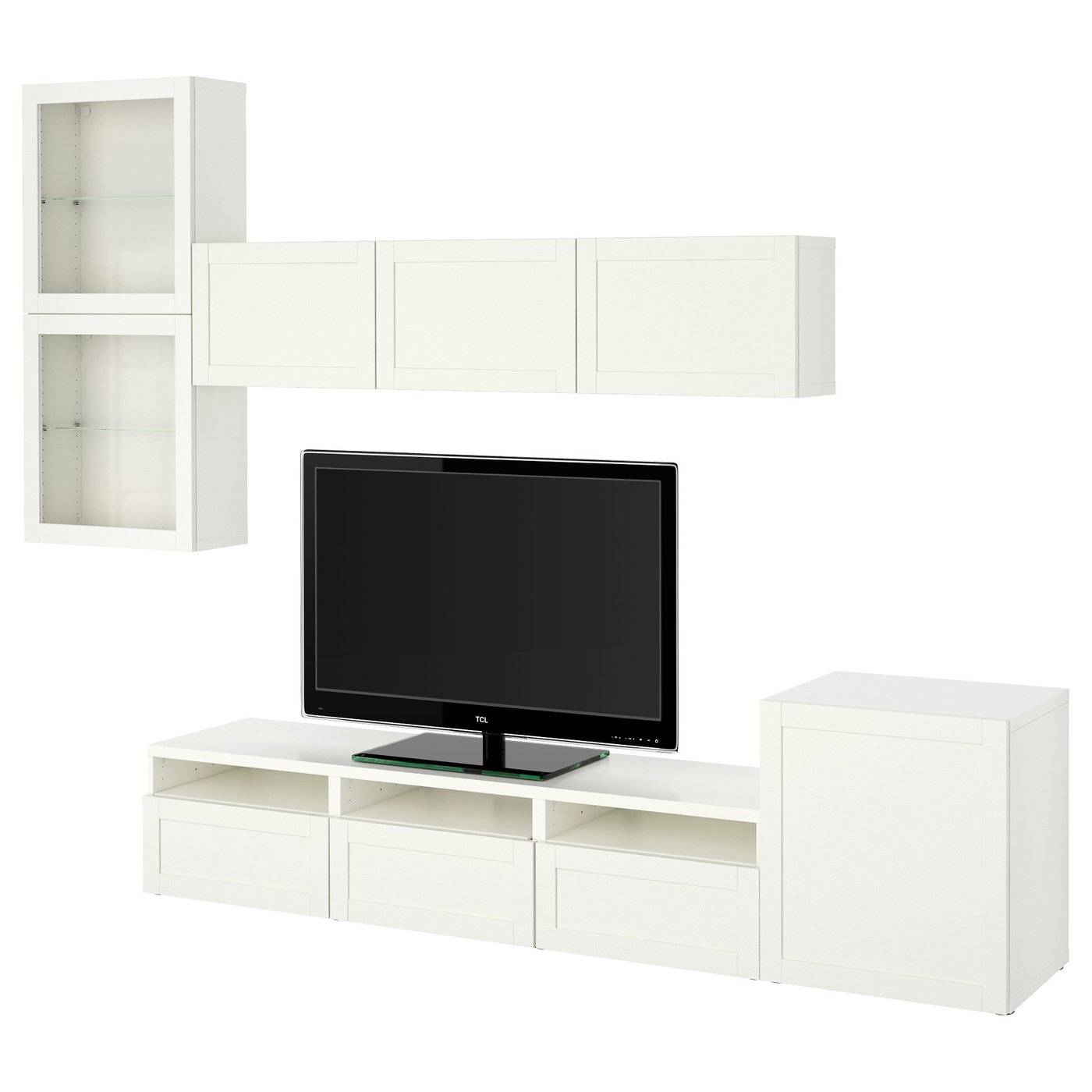 BESTÅ tv-förvaring kombination/glasdörrar, vit/Hanviken vit klarglas, 300x42x211 cm