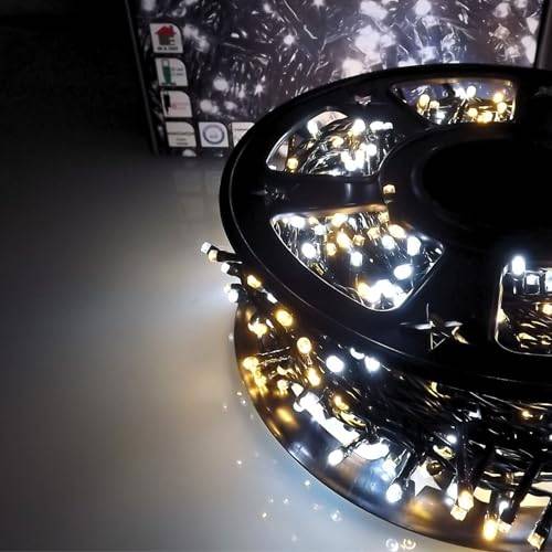 Luccika LED-girlang inomhus/utomhus, 8 belysningslägen, 31 V styrenhet med minne, IP44, vattentät, grön kabel, för jul, fester och dekorationer (Glisserad vit + varmvit, 50 m, 1 000 LED)
