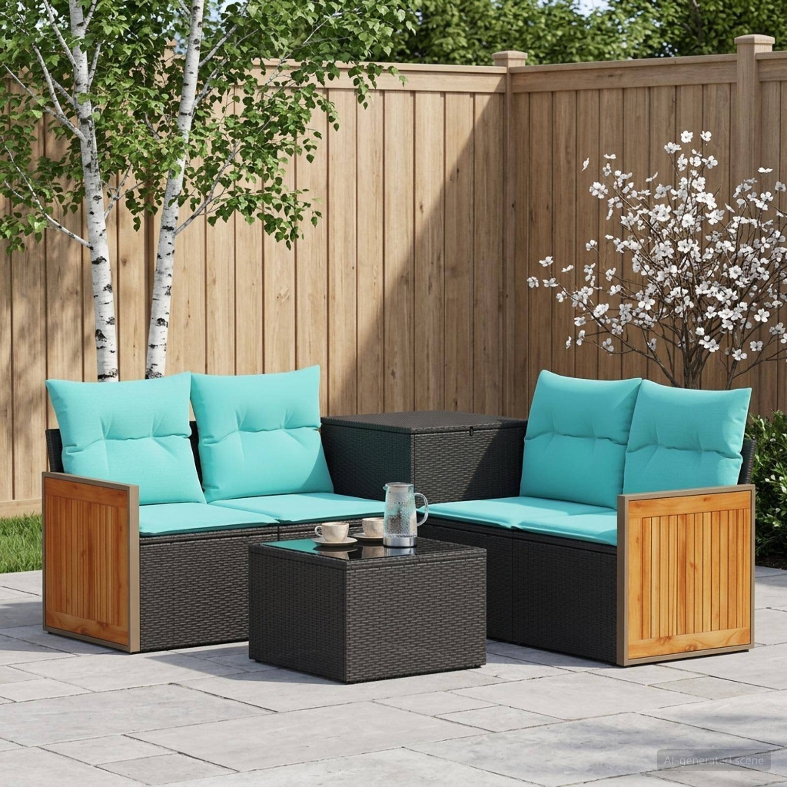 vidaXL Sofa Sæt 6 stk. Sort og Blå 55 x 55 x 37 cm Poly Rattan og Stål