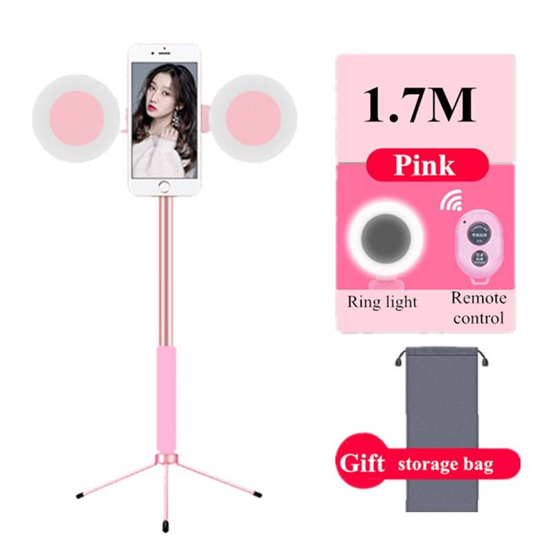 Bluetooth 1.7m selfie stick stativ med led ring fylla ljus telefon stativ monopod 360 rotation för smart telefon mobilfoto - Rosa 2 ljus kontroll