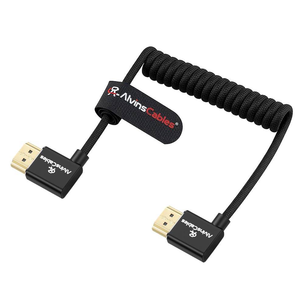 Alvin's Cables 8K 2.1 HDMI High Speed Braided Coiled Cable Right Angle to Right Angle for Atomos Ninja V, Portkeys BM5