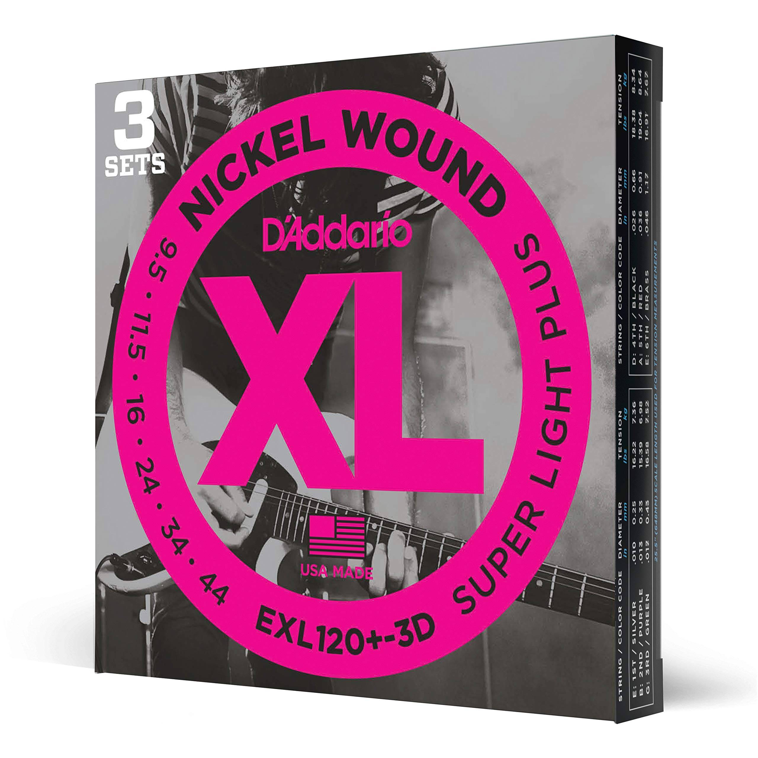 D'Addario Super Light Plus XL Nickel Electric Guitar Strings, .0095-.044, 3-Pack, EXL120+-3D [Official Japanese Product]