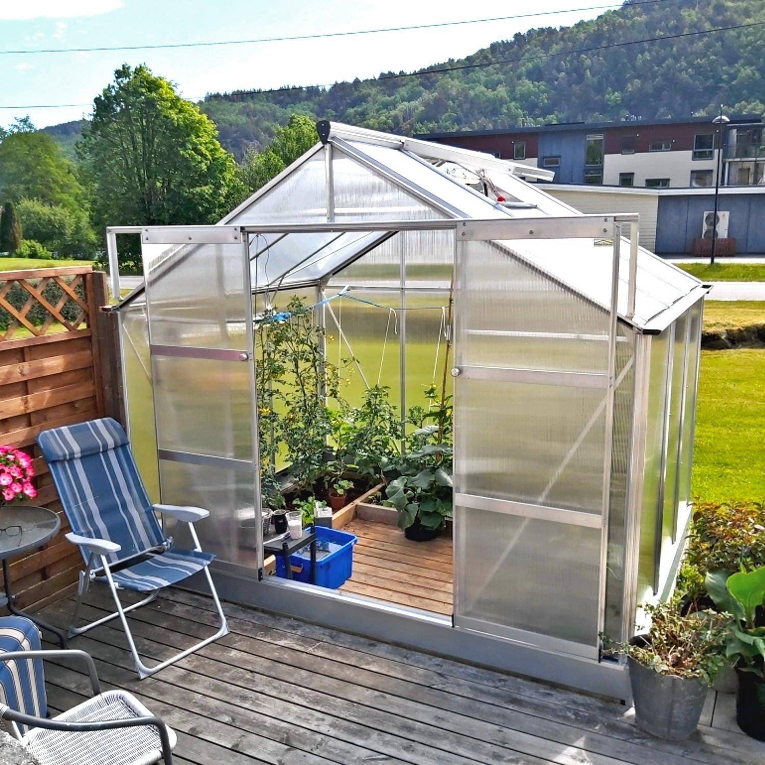 Drivhus Solid 6.5 M² - Ubehandlet aluminium / 4 mm hærdet glas komplet / Blank stål sokkel